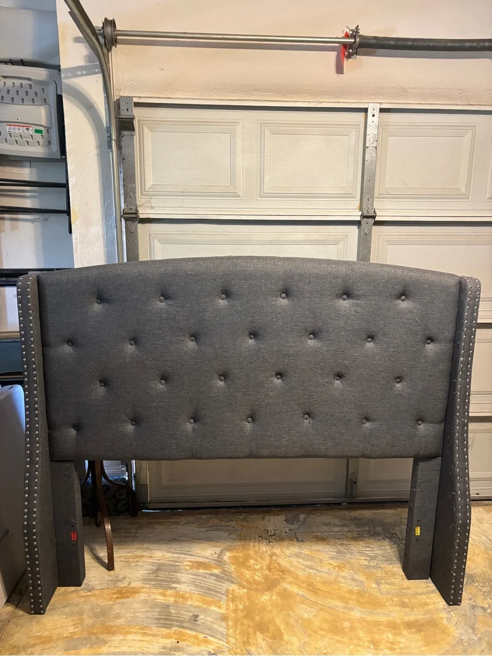 Queen Tufted Dark Gray Upholstered Headboard with Nailhead Trim